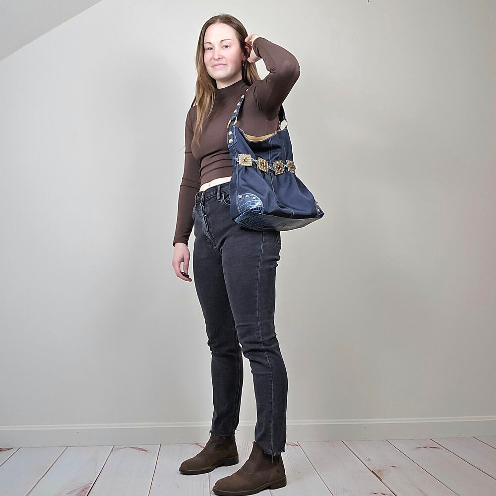 Kathy Van Zeeland Embellished Croc Shoulder Bag Navy